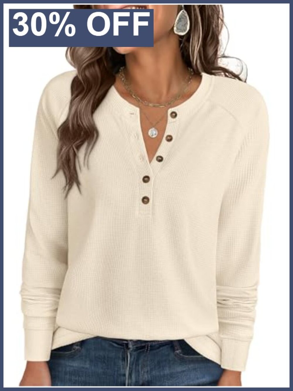Waffle Knit Henley Top Long Sleeve V-Neck Button Up Loose Fit Casual